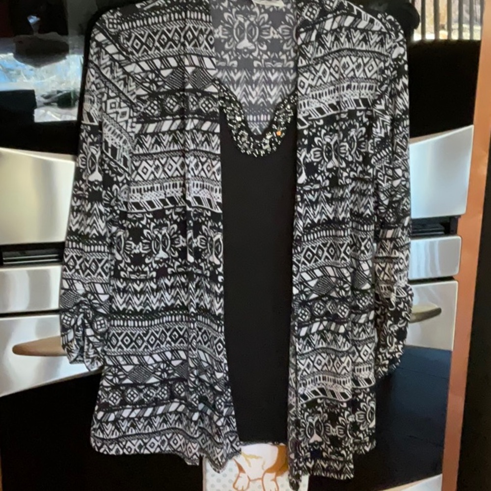 Fancy Ladies Black & White Top with Rhinestones. One piece with over blouse. - Picture 5 of 13